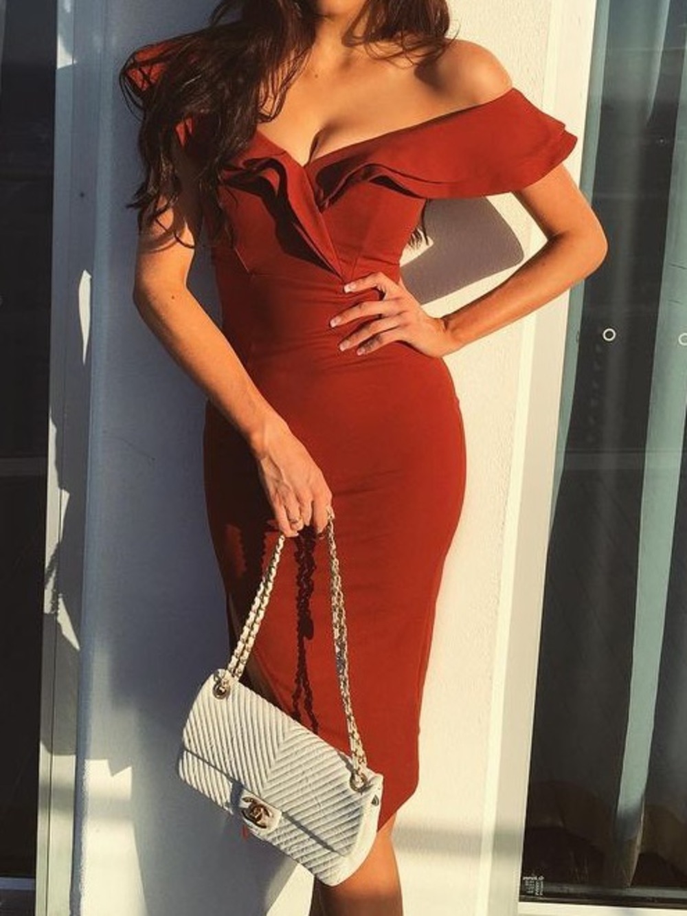 Off-Shoulder Mid-Length Dress in Rust